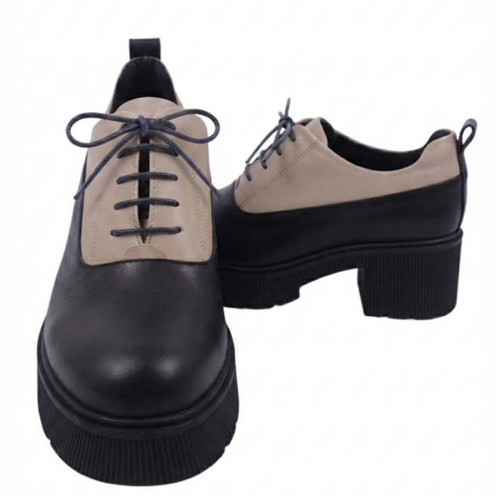 Pantofi moderni din piele naturală cu șiret – talpă masivă bej‑negru [5]