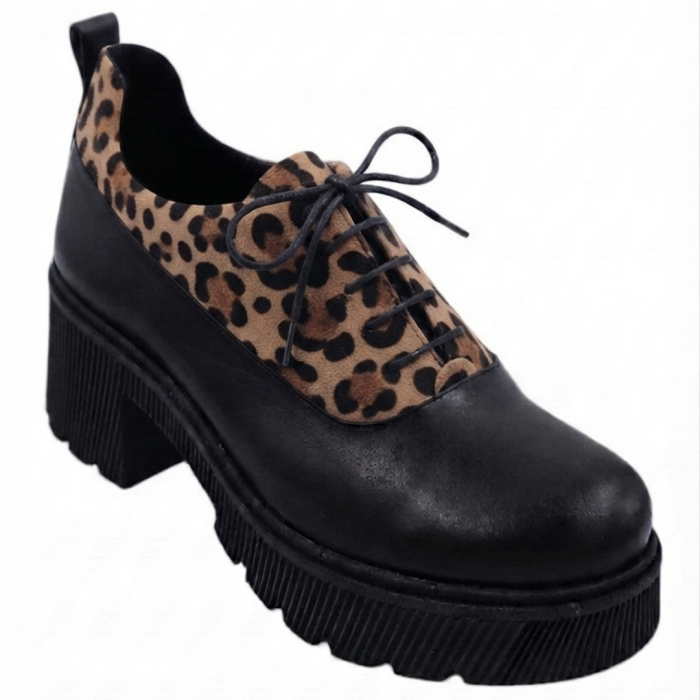 Pantofi moderni din piele naturală cu imprimeu leopard mat – talpă masivă neagră [2]