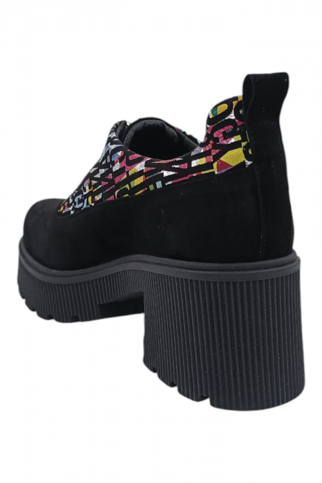 Pantofi damă casual, piele naturală întoarsă, cu fermoar, talpă masivă și ușoară, cu imprimeu litere, negru [3]