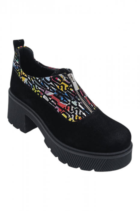 Pantofi damă casual, piele naturală întoarsă, cu fermoar, talpă masivă și ușoară, cu imprimeu litere, negru [2]