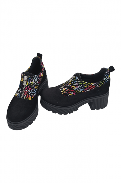 Pantofi damă casual, piele naturală întoarsă, cu fermoar, talpă masivă și ușoară, cu imprimeu litere, negru [5]