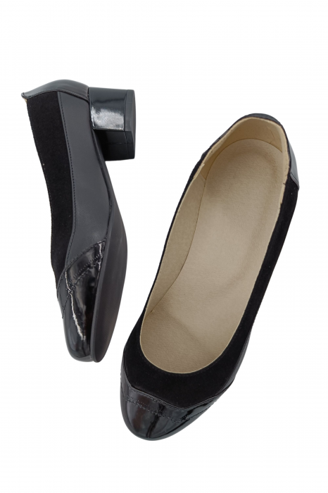 Pantofi dama casual, piele naturala lacuit, camoscio, toc mic gros si lacuit, negru, Sandali [4]