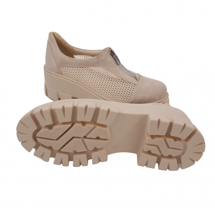 Pantofi damă casual, piele naturală, plasă, fermoar, talpă ușoară, crampoane mari, bej, Sandali [4]