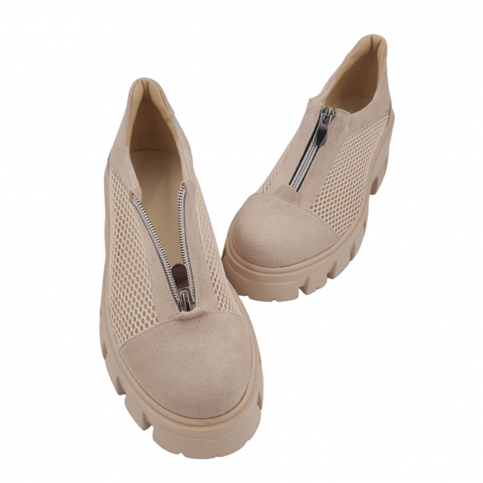 Pantofi damă casual, piele naturală, plasă, fermoar, talpă ușoară, crampoane mari, bej, Sandali [3]