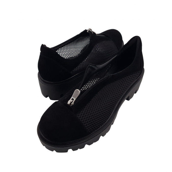 Pantofi damă casual, piele naturală, plasă, fermoar, talpă ușoară, crampoane, negru, Sandali [3]