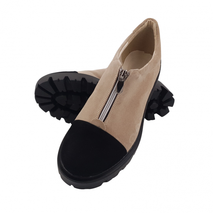 Pantofi damă casual, piele naturală velur, cu fermoar, talpă ușoară, crampoane, bej, negru, Sandali [4]