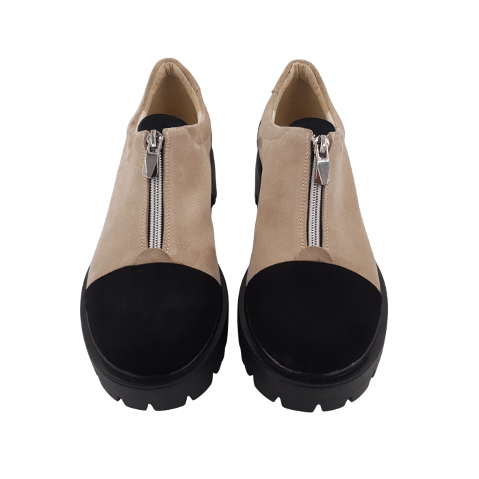 Pantofi damă casual, piele naturală velur, cu fermoar, talpă ușoară, crampoane, bej, negru, Sandali [3]