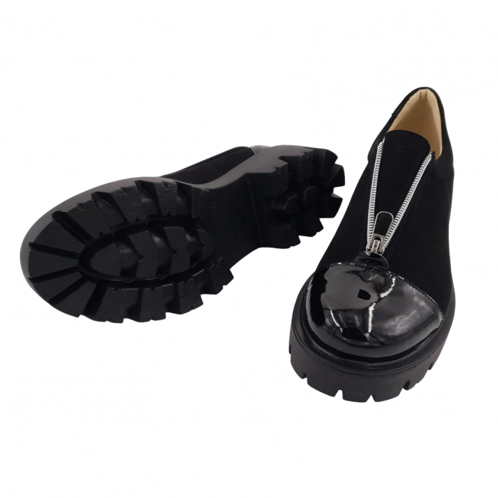 Pantofi damă casual, piele naturală velur, cu fermoar, talpă ușoară, crampoane, lăcuit, negru, Sandali [4]