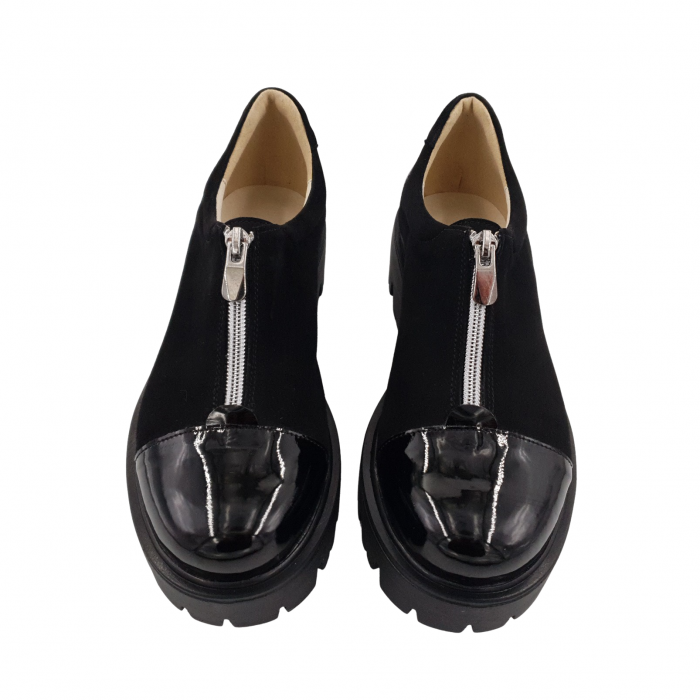 Pantofi damă casual, piele naturală velur, cu fermoar, talpă ușoară, crampoane, lăcuit, negru, Sandali [3]