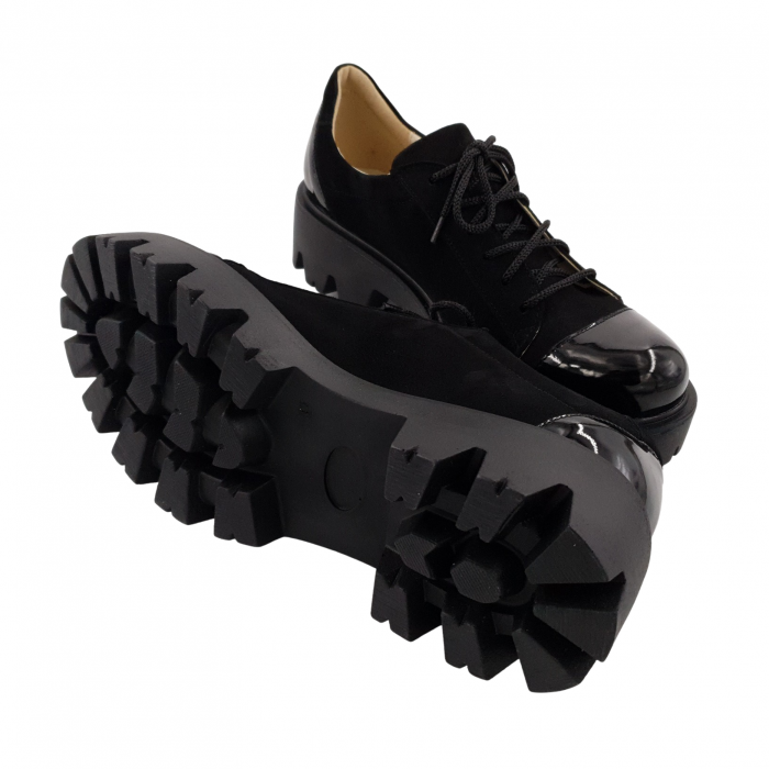 Pantofi damă casual, piele naturală velur, cu șiret, talpă ușoară, crampoane, lăcuit, negru, Sandali [4]