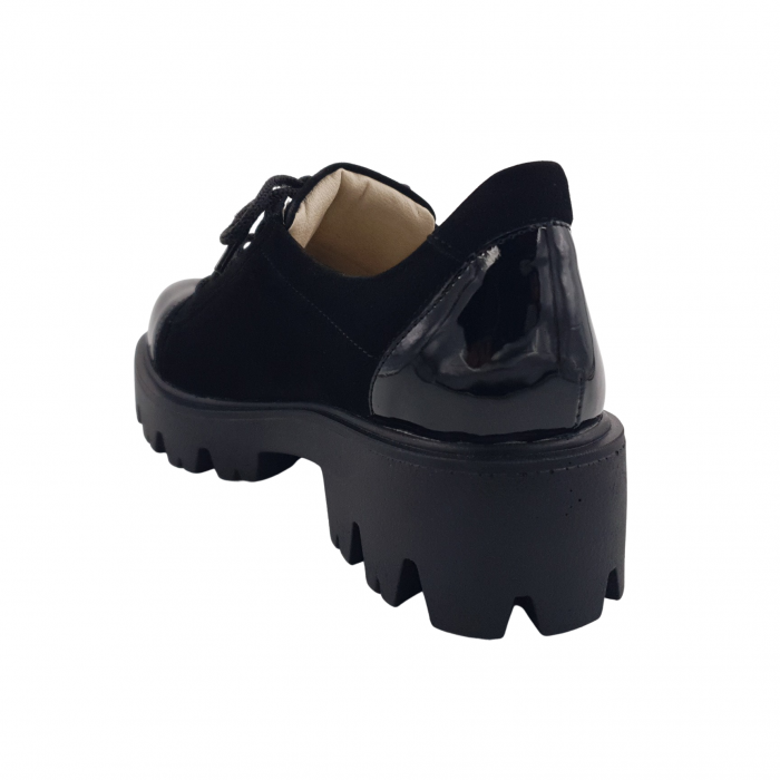 Pantofi damă casual, piele naturală velur, cu șiret, talpă ușoară, crampoane, lăcuit, negru, Sandali [2]