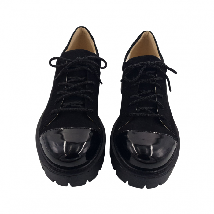 Pantofi damă casual, piele naturală velur, cu șiret, talpă ușoară, crampoane, lăcuit, negru, Sandali [3]