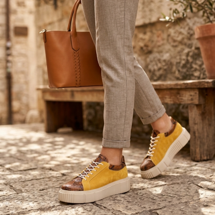 Pantofi damă casual, piele naturală velur cu șireturi, imprimeu sarpe, galben [6]