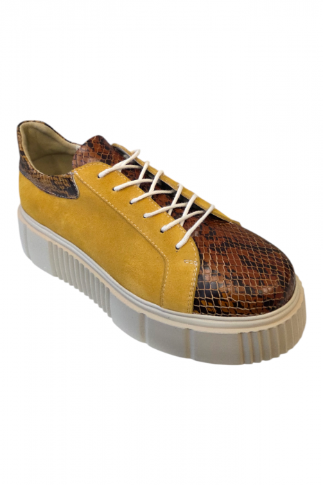 Pantofi damă casual, piele naturală velur cu șireturi, imprimeu sarpe, galben [2]