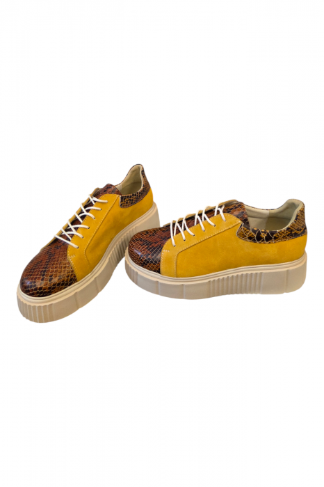 Pantofi damă casual, piele naturală velur cu șireturi, imprimeu sarpe, galben [5]