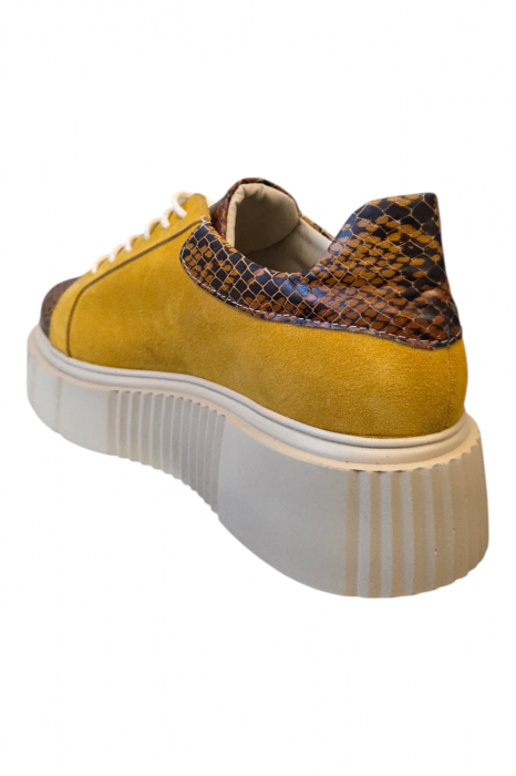 Pantofi damă casual, piele naturală velur cu șireturi, imprimeu sarpe, galben [3]