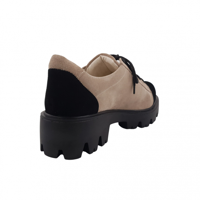 Pantofi damă casual, piele naturală velur, cu șiret, talpă ușoară, crampoane, bej, negru, Sandali [2]