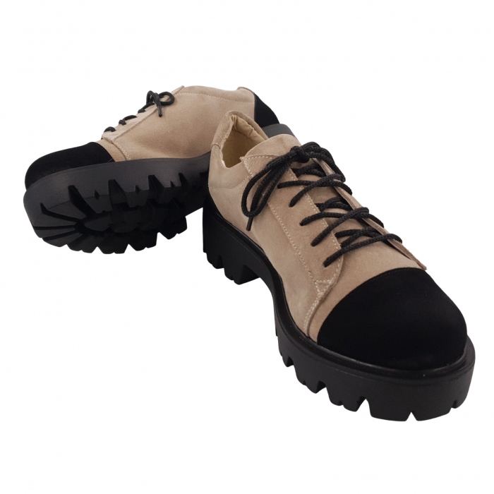 Pantofi damă casual, piele naturală velur, cu șiret, talpă ușoară, crampoane, bej, negru, Sandali [4]