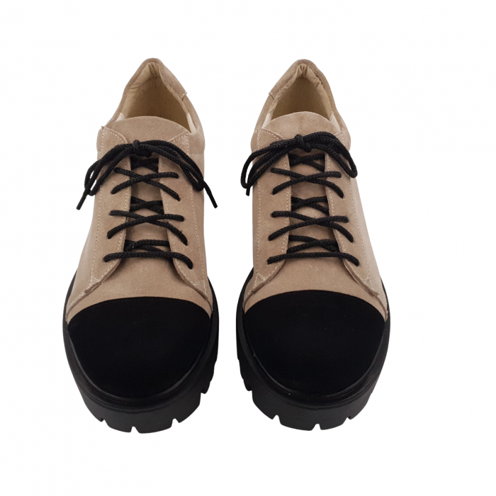 Pantofi damă casual, piele naturală velur, cu șiret, talpă ușoară, crampoane, bej, negru, Sandali [3]