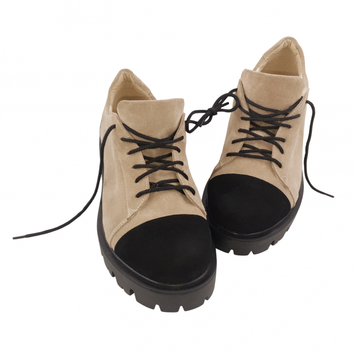 Pantofi damă casual, piele naturală velur, cu șiret, talpă ușoară, crampoane, bej, negru, Sandali [5]