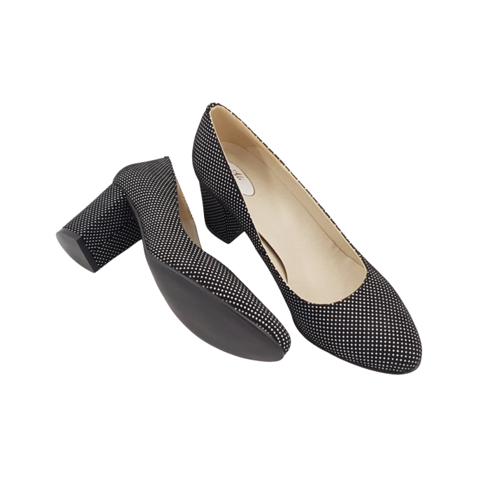 Pantofi damă cu imprimeu buline albe, vârf rotund, toc gros 6 cm [5]