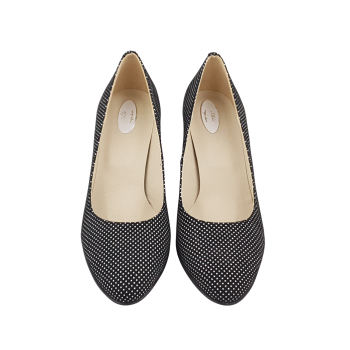Pantofi damă cu imprimeu buline albe, vârf rotund, toc gros 6 cm [4]