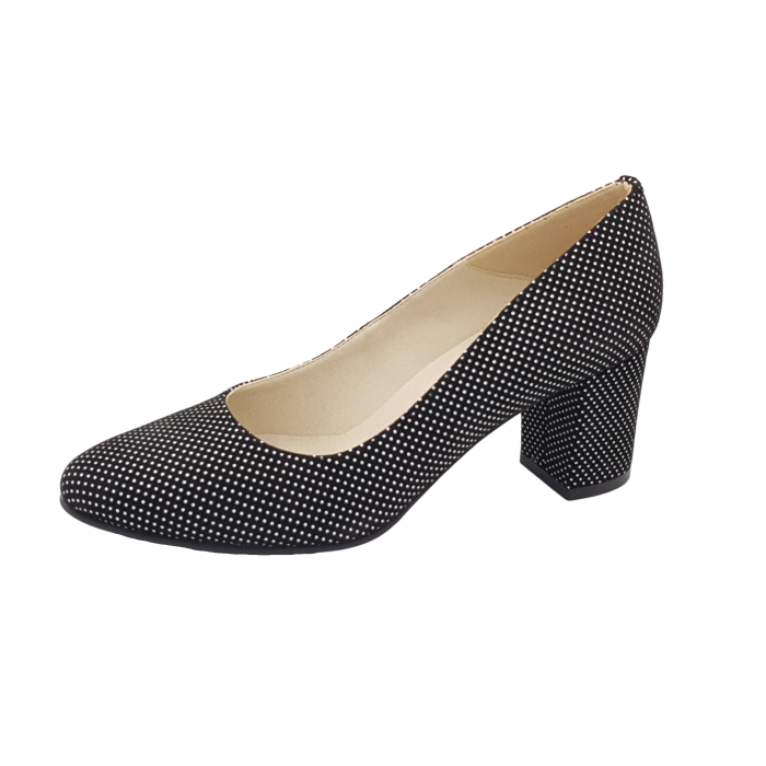 Pantofi damă cu imprimeu buline albe, vârf rotund, toc gros 6 cm [2]