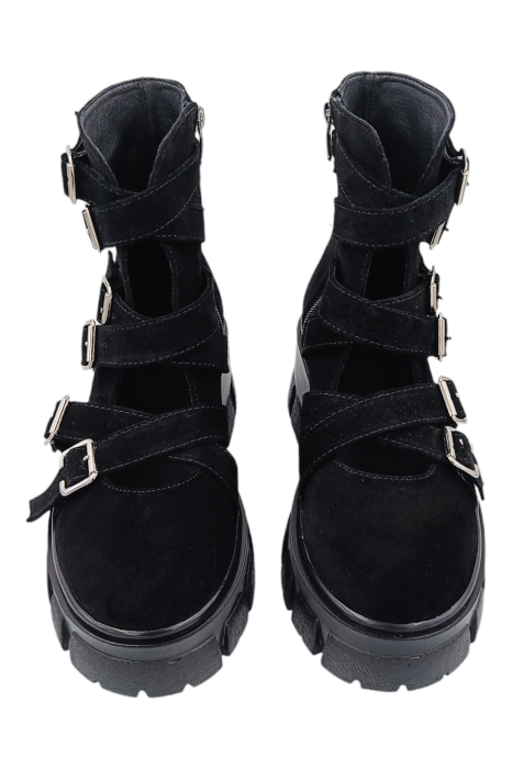 Ghete dama casual, piele naturala, 6 catarame, negru velur, talpa usoara [4]