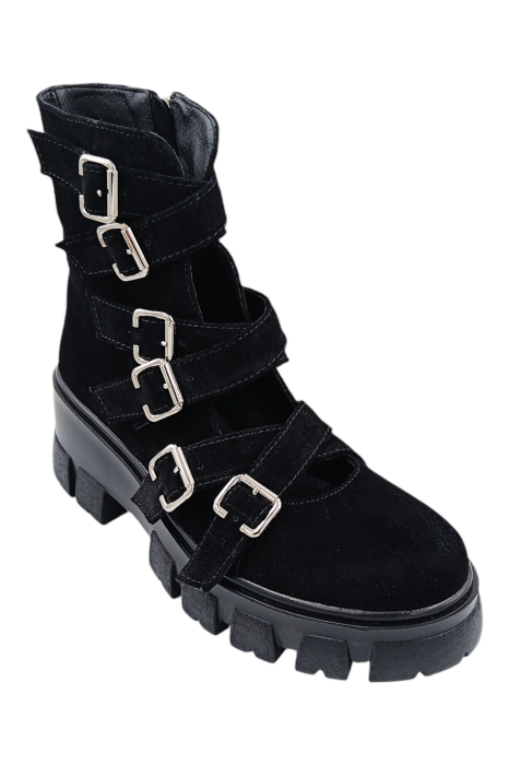 Ghete dama casual, piele naturala, 6 catarame, negru velur, talpa usoara [2]