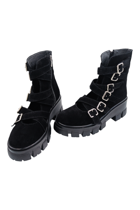 Ghete dama casual, piele naturala, 6 catarame, negru velur, talpa usoara [5]