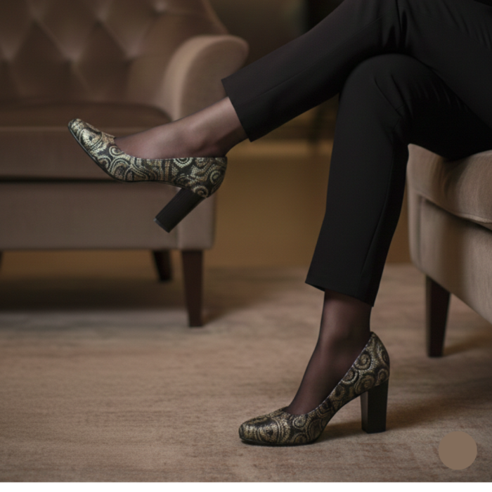 Pantofi damă piele naturală cu imprimeu abstract și toc negru striat [6]