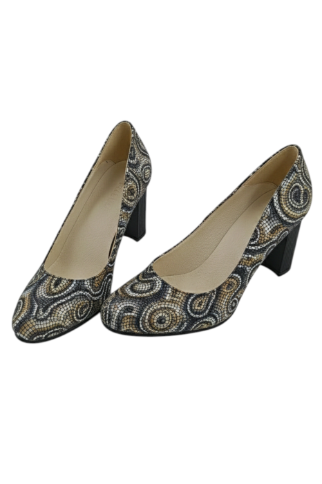 Pantofi damă piele naturală cu imprimeu abstract și toc negru striat [4]
