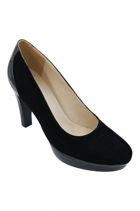 Pantofi damă eleganți, piele întoarsă cu lac, vârf rotund, toc înalt îmbrăcat, negru [2]