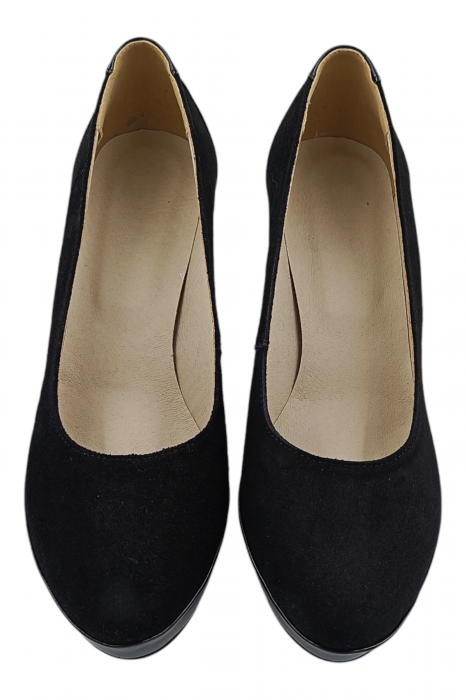 Pantofi damă eleganți, piele întoarsă cu lac, vârf rotund, toc înalt îmbrăcat, negru [3]