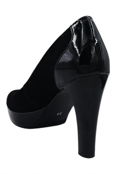 Pantofi damă eleganți, piele întoarsă cu lac, vârf rotund, toc înalt îmbrăcat, negru [5]