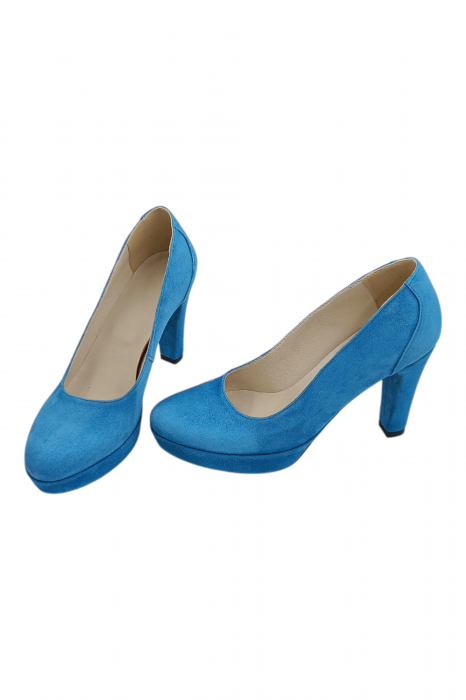 Pantofi damă eleganți, piele întoarsă, vârf rotund, toc înalt îmbrăcat, albastru [5]