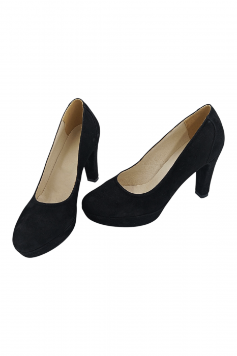 Pantofi damă eleganți, piele întoarsă, vârf rotund, toc înalt îmbrăcat, negru [5]