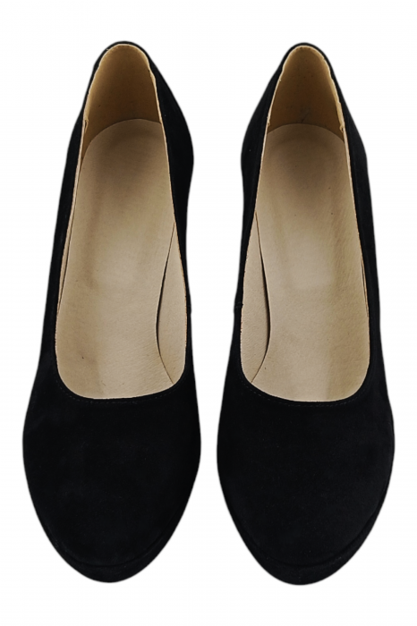 Pantofi damă eleganți, piele întoarsă, vârf rotund, toc înalt îmbrăcat, negru [4]
