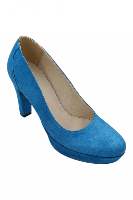 Pantofi damă eleganți, piele întoarsă, vârf rotund, toc înalt îmbrăcat, albastru [2]