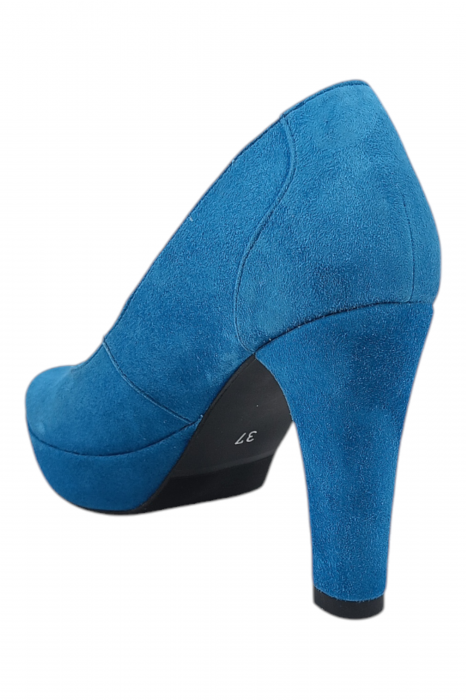 Pantofi damă eleganți, piele întoarsă, vârf rotund, toc înalt îmbrăcat, albastru [3]