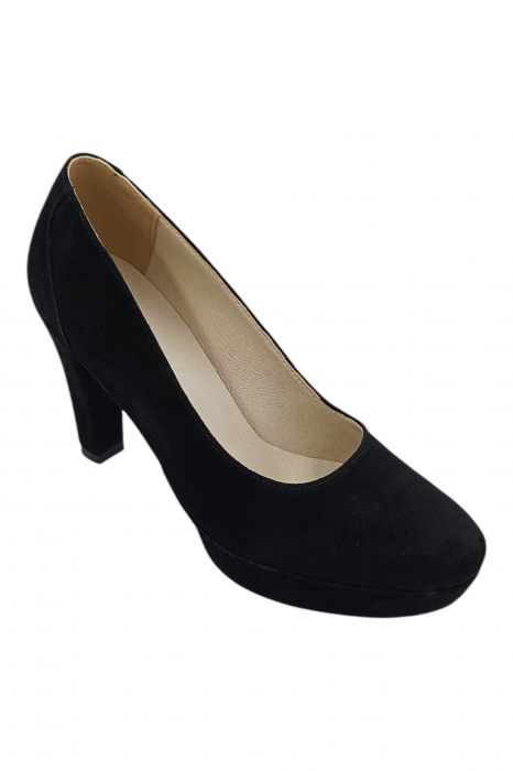 Pantofi damă eleganți, piele întoarsă, vârf rotund, toc înalt îmbrăcat, negru [2]