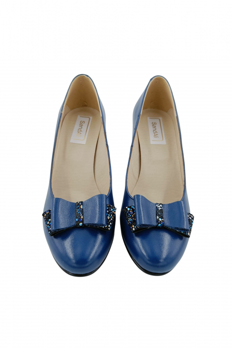 Pantofi dama eleganti, piele naturala, albastru cu funda, toc mediu gros imbracat cu flori albastre, Sandali [4]