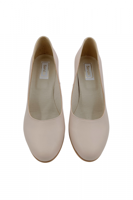 Pantofi dama eleganti, piele naturala bej, toc mediu gros imbracat cu imprimeu de linii aurii, Sandali [4]