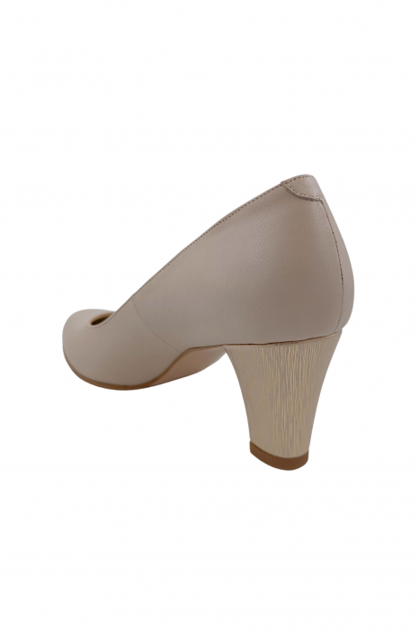 Pantofi dama eleganti, piele naturala bej, toc mediu gros imbracat cu imprimeu de linii aurii, Sandali [3]