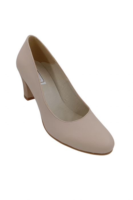 Pantofi dama eleganti, piele naturala bej , toc mediu gros imbracat cu puncte, Sandali [2]