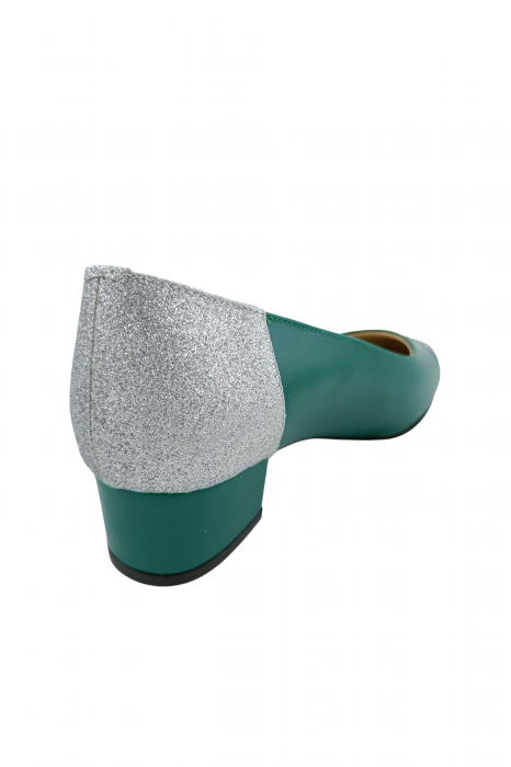 Pantofi damă eleganți, piele naturală box, toc gros, vârf migdalat, glitter argintiu, verde, Sandali [2]