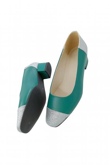 Pantofi damă eleganți, piele naturală box, toc gros, vârf migdalat, glitter argintiu, verde, Sandali [3]