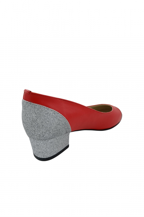 Pantofi damă eleganți, piele naturală box, toc gros, vârf rotund, glitter argintiu, roșu, Sandali [2]