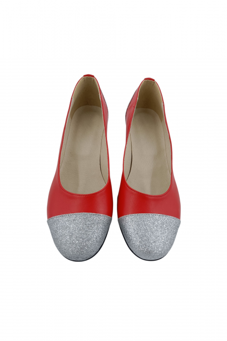 Pantofi damă eleganți, piele naturală box, toc gros, vârf rotund, glitter argintiu, roșu, Sandali [3]