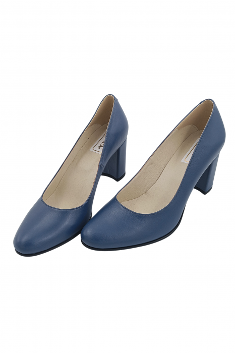 Pantofi damă eleganți, piele naturală box, toc mediu gros îmbrăcat, albastru, SANDALI [4]